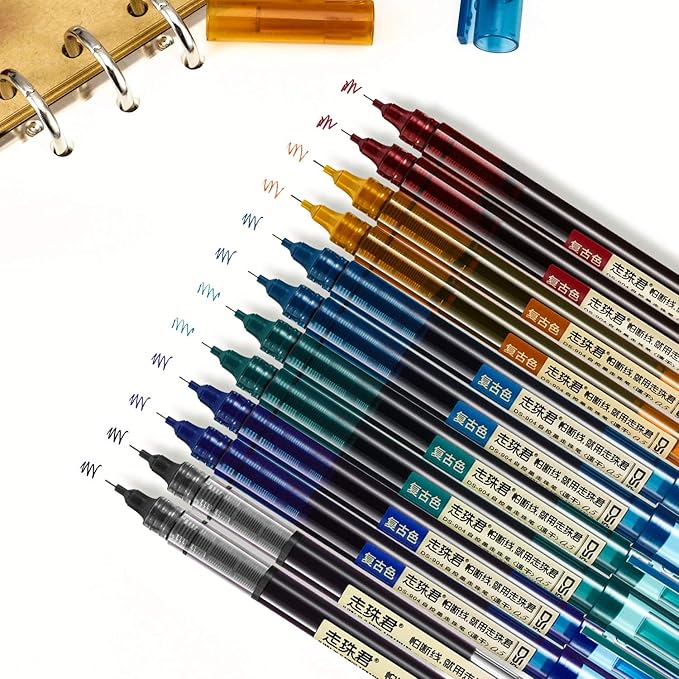 Frienda 12 Pieces Rolling Ball Pens 0.5 mm Japanese Quick Drying Fine Point Pens Liquid Ink Smooth Writing for Office Student Back to School Supplies(Chic Colors)