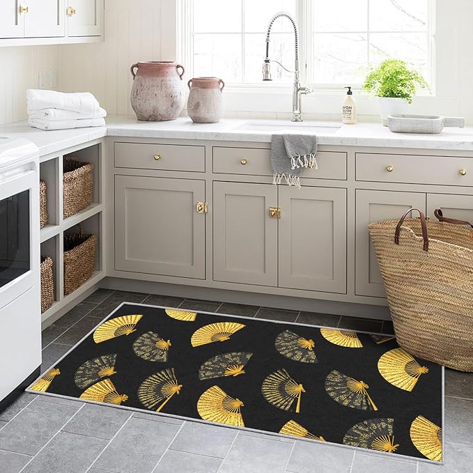 Oriental Fan Runner Rug 3x8, Black and Gold Vintage Asian Design, Japanese Style Area Rug, Washable Carpet Runner for Bedroom, Standard Hallways, Kitchen Walkway, Dining Room Sideboard