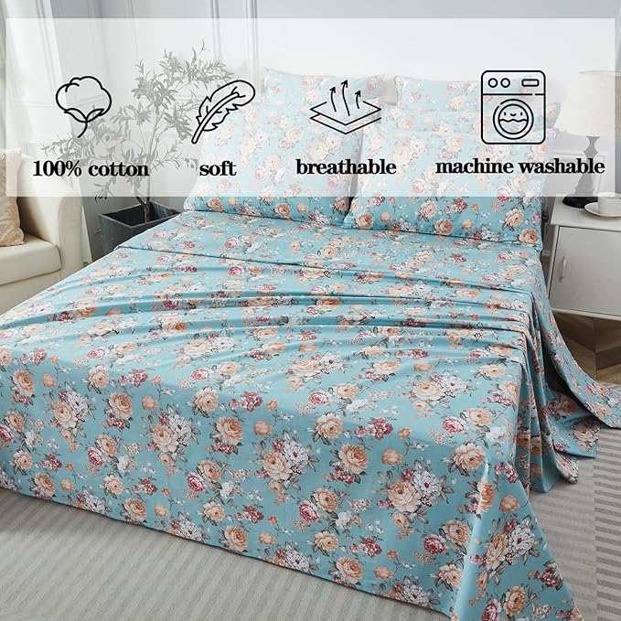 FADFAY Blue Vintage Floral Full Size Sheets Set Premium 100% Cotton Shabby Rose Pattern Cottagecore Bedding Set Deep Pocket Sheets with 2 Pillowcases Luxury Breathable Soft 4Pcs, Full Size