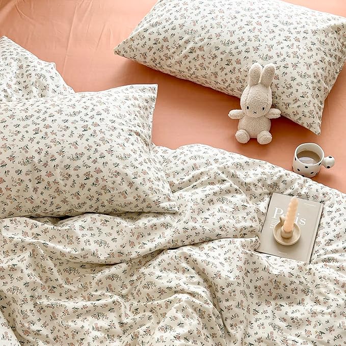 Boho Floral Duvet Cover Queen Aesthetic Floral Comforter Cover Cotton Pink Floral Bedding Set Vintage Botanical French Style Duvet Cover Cute Flower Bedding Cover Cottagecore Comforter Cover Queen