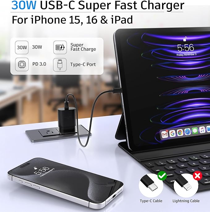 USB C Block 30W PD Super Fast Charging Block Type C Plug Wall Adapter Quick Charger for iPhone 17/17 Air/17 Pro/ 17 Pro Max/16/15/14/13/12/11/iPad/Mini/AirPod/Galaxy S25/S24/S23 (Black 1Pack)