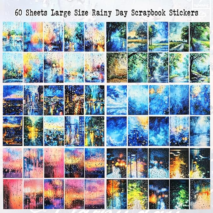 60 Sheets Large Size Rainy Day Scrapbook Stickers for Scrapbooking Supplies, 6 Assorted Rain Scenes Transparent PET Stickers for Journaling, Junk Journals, Collage, DIY Crafts Arts