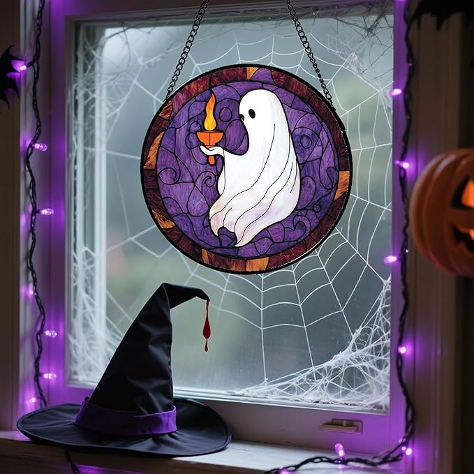 Stained Glass Window Hanging - Halloween White Ghost Purple Suncatcher for Doors Window Garden Spooky Candlelight Sun Catchers Gothic Decor Horror Gifts for Women Men Friend Boy Girl 9.8 in