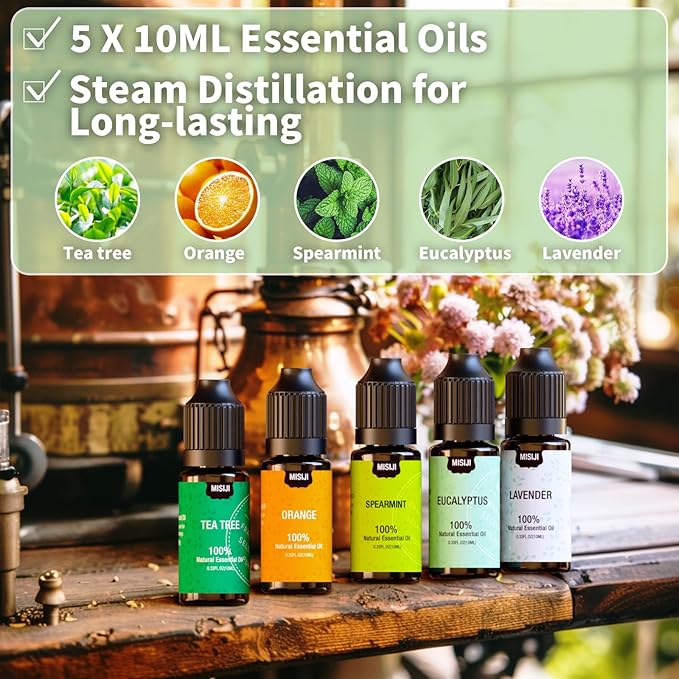 MISIJI Essential Oils for Diffuser for Home, Top 5 Aromatherapy Oils,Candle&Soap Making,10ml（Orange, Lavender, Peppermint, Eucalyptus, Tea Tree）