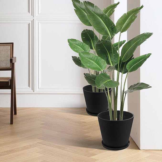 Kozyard 2Packs Round Planter Indoor Outdoor Plant Pots with Tray Collecting Water for Porch, Patio, Backyard Planters Modern Décor for Tall Plants, Flowers