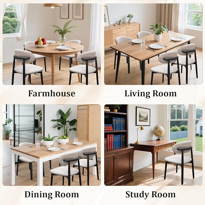 Farmhouse Dining Chairs Set of 8,Mid Century Modern Fabric Upholstered Kitchen Chairs,Wooden Dining Room Chair with Curved Back Black Leg for Kitchen Dining Room Restaurant Cafe,Linen Gray,Only Chairs