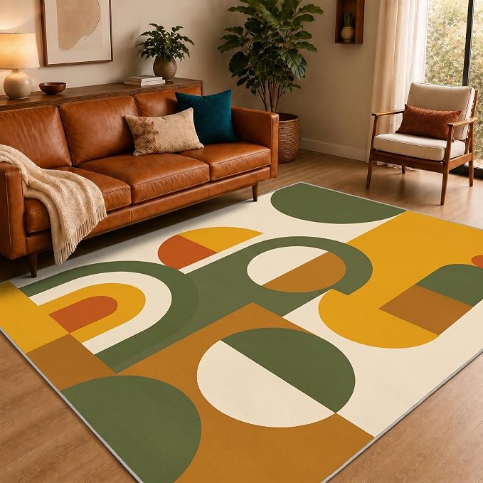 Mid Century Area Rug 8x10, Home Decor | Olive Mustard Bauhaus Circle, Retro Geometric Rug for Living Room, Bedroom, Home Office, Non Slip, Washable, Low Pile