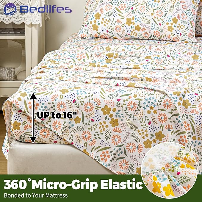 Bedlifes King Floral 4-Piece Sheet Set - Cooling Sheets Blend Rayon Derived from Bamboo,Soft & Breathable, Deep Pocket 16", Wrinkle Resistant - Featuring Floral
