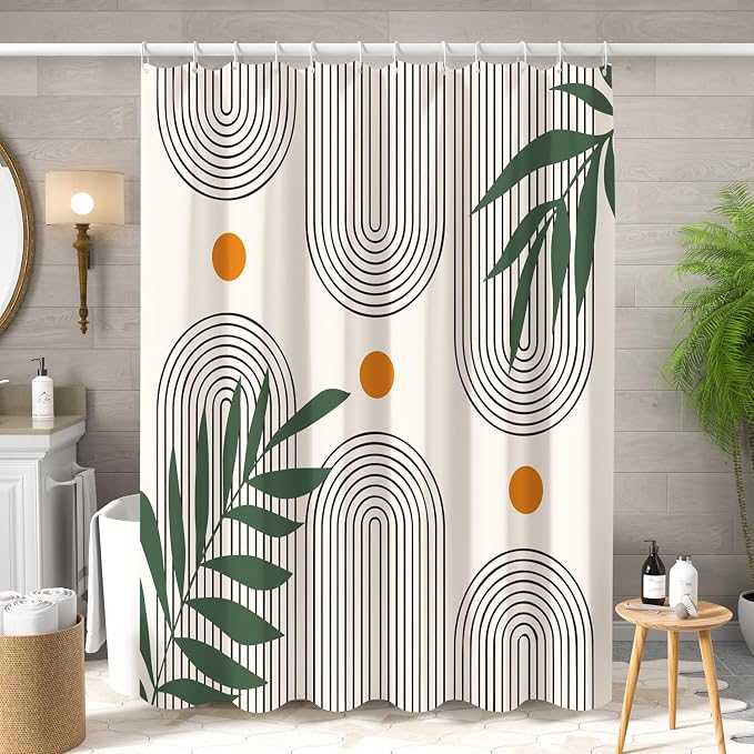 Boho Mid Century Shower Curtain Abstract Arch Geometric Sun Curve Rainbow Tropical Leaves Minimalist Shower Curtain Aesthetic Beige Bathroom Decor Fabric Curtains Set 72x84 inch