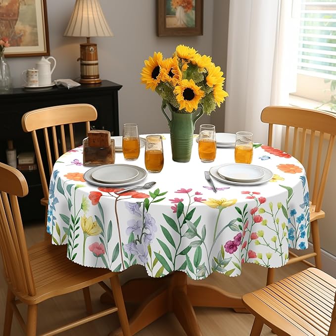 Eikione Round Tablecloth 60inch,Tablecloth Waterproof and Wrinkle-Free, Wild Flower Rustic Table Covers, Summer Decorations for Home