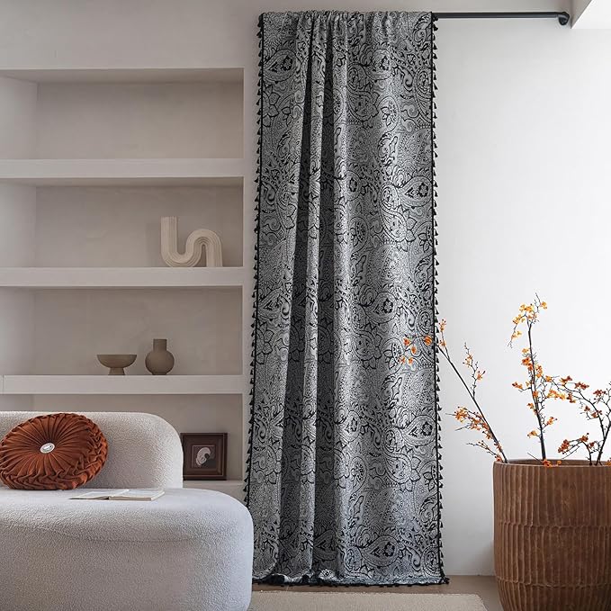 ENJOYBRIDAL Black Paisley 96 Inch Curtains for Bedroom Semi Sheer Drapes Light Filtering Boho Rod Pocket Long Window Curtains 2 Panel Sets Living Room Farmhouse Printed Jacquard Window Treatments