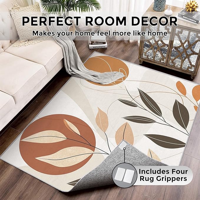5x8 Abstract Leaves Rugs for Bedroom Decor, Washable Mid Century Modern Pattern Area Rug, Living Room Home Decoration, Non Slip Soft Thin, Modern Botanical Decor Carpet PF-P 117