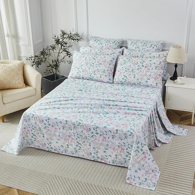 FADFAY King Size Sheets Set 100% Cotton Vintage Floral Shabby Flowers & Leaves Pattern Farmhouse Bedding Set Deep Pocket Sheets with 2 Pillowcases Breathable Soft 4Pcs, King