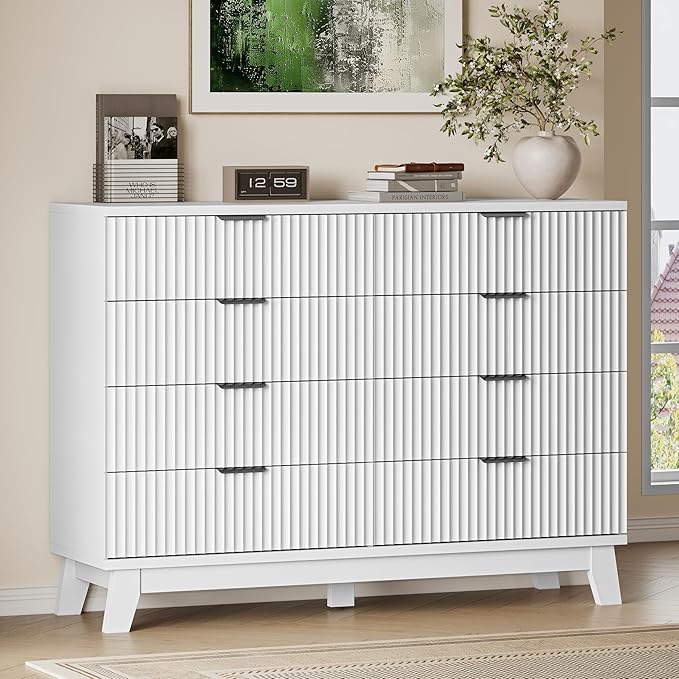 BORNOON 53" Tall Dresser for Bedroom, 8-Drawer Fluted Chest of Drawers, Modern Wood Highboy with Metal Slides and Handles, Anti-Tip Kit, Vertical Clothes Storage Organizer for Apartment, Closet
