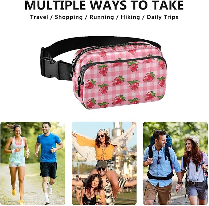 Pink Strawberry Plaid Fanny Pack for Women Men Water Resistant Fashion Waist Packs with Adjustable Strap Belt Bag for Travel Workout Jogging Hiking 21219327