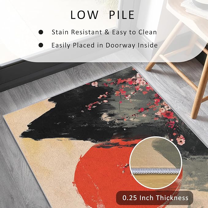 Japanese Runner Rug 3x10, Red Sun Cherry Blossom Mountain Landscape Design, Traditional Asian Art Area Rug, Washable Carpet Runner for Bedroom, Hallways, Kitchen Walkway, Dining Room Sideboard
