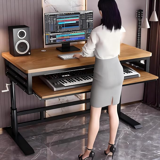 Studio Desk with Keyboard Tray | Hand-Crank Adjustable Standing Desk Workstation for Music Production, Cable Management, MIDI Keyboard Shelf (Natural, 70in)