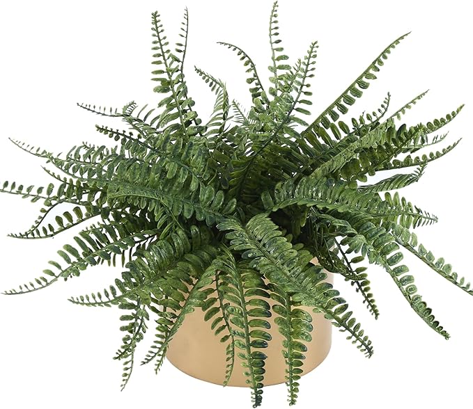 Coferset 13.5" Small Fake Plant Fern Potted Artificial Plants Fake Fern for Shelf Home Bathroom Office Decor(Gold Mental Pot)