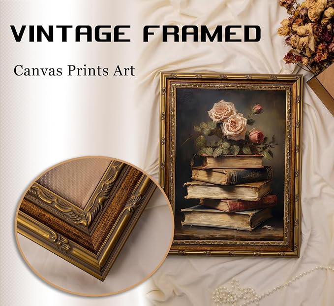 Vintage Gold Framed Retro Floral Books Wall Art Flowers Book Wall Decor Rose and Books Painting Pictures Retro Literary Pictures Artwork for study Gallery Living Room Bedroom 12X16in