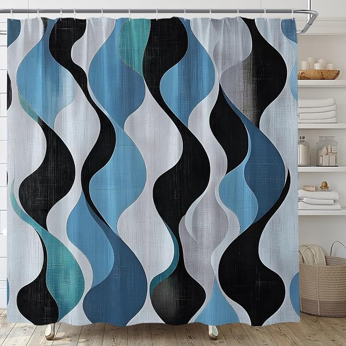 Mid Century Shower Curtain Boho Minimalist Modern Abstract Aesthetic Geometric Striped Atomic Retro Earthy Fabric Bathroom Decor Set with Hooks(59" Wx70 H)