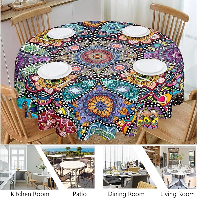 Eikione Boho Round Tablecloth, 60inch Bohemia Table Cover, Colorful Polyester Waterproof Stain Resistant, Wrinkle Free, Circle Tablecloth for Indoor and Outdoor Use
