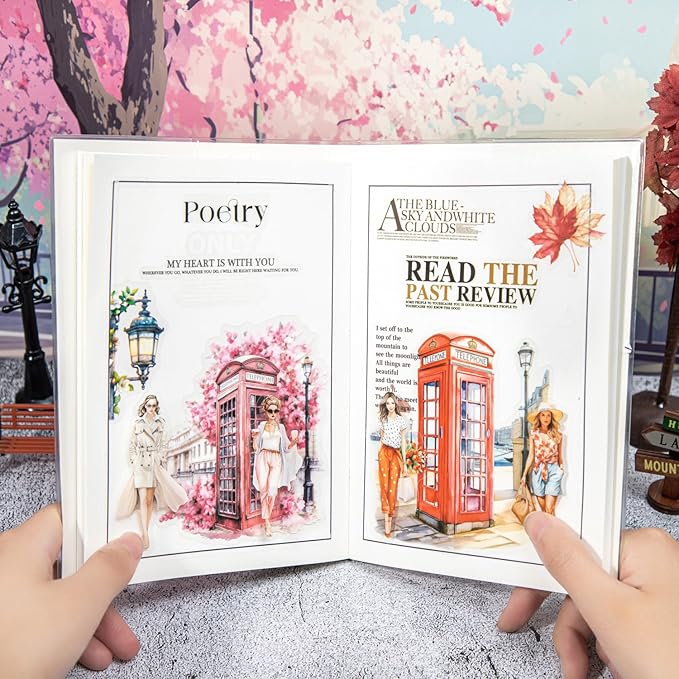 AuriicLeaf Telephone Booth PET Sticker Set, 80PCS Vintage Street Scene Stickers for Scrapbooking, Journaling, DIY Crafts, Planner Decoration, and Aesthetic Collage