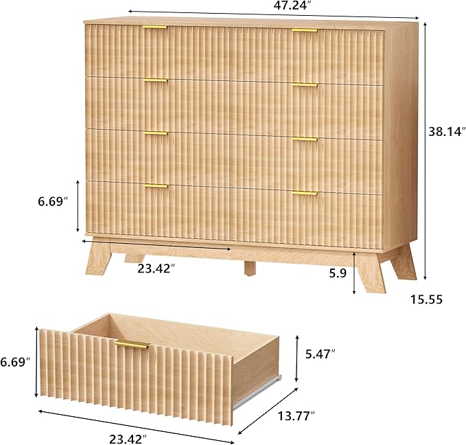 HUANLEGO Fluted Dresser for Bedroom, 8 Drawer Dressers & Chest of Drawers, Mid Century Modern Dresser for Closet Boho Bedroom Furniture, Nature Wood Chest of Drawers Storage Organizer for Living Room