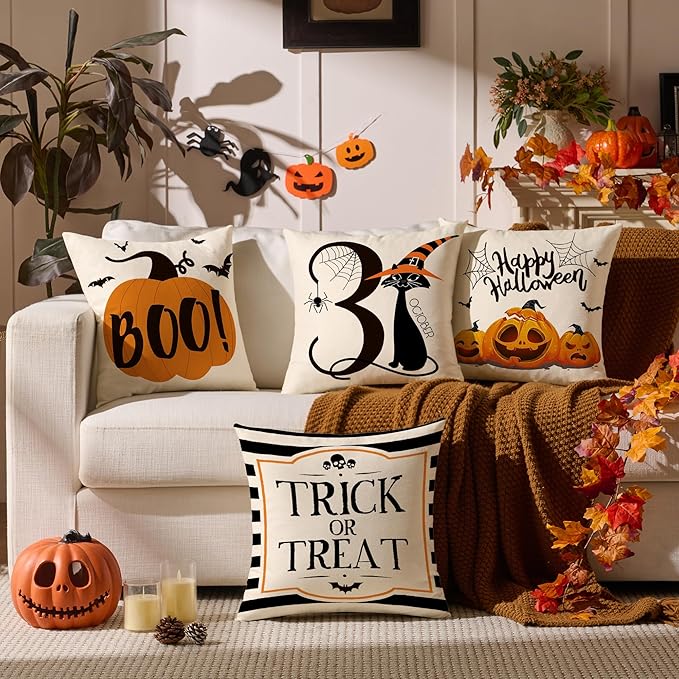 Halloween Decor Pillow Covers 18x18 Inch,Set of 4 Halloween Decoration Indoor Outdoor Throw Pillow Covers, Trick or Treat Black Striped Linen Cushion Case for Home Sofa Couch Bedroom Chair
