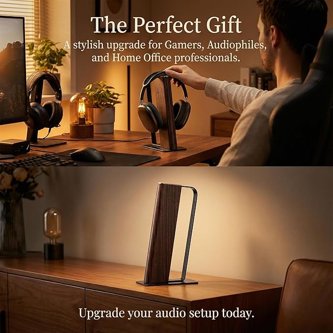 Gunking Premium Headphone Stand for Desk,Walnut Finishing Headphones Stand for Gaming&Studio Headphones with Heavy-Duty Anti-Slip Carbon Steel Base