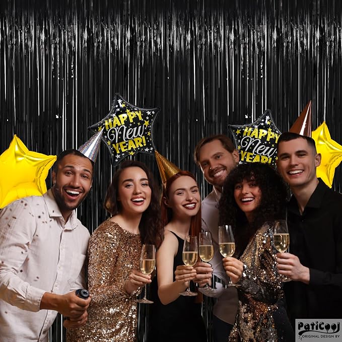 Thicken Black Streamers 4 Pack 3.2 x 8.2 FT, Black Tinsel Backdrop Curtains, Foil Fringe Photo Backdrop for New Years, Halloween, Retirement, Bachelor Party Decorations, Birthday Decorations for Men