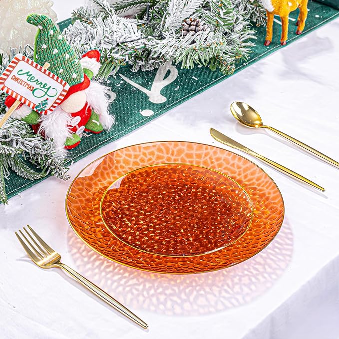 Rubtlamp 60Pcs Amber Plastic Plates - Brown Disposable Plates With Gold Rim, Clear Heavy-duty Party Plates, Hammered Plates Include 30 Dessert Platos, 30 Dinner Platos for Thanksgiving, Christmas