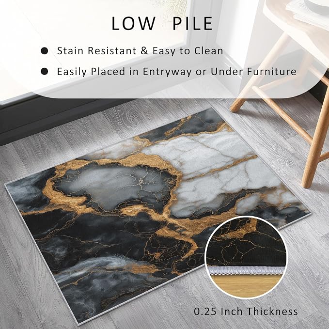 Black White Gold Marble Area Rug, Modern Abstract Pattern Carpet, Washable Non Slip Low Pile Soft Thin, Living Room Bedroom Home Decor Mat 4x5ft