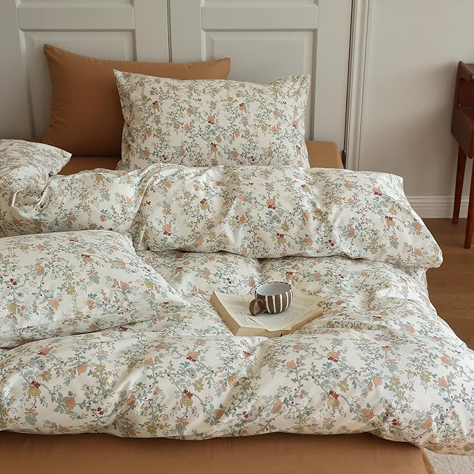 EAVD Vintage Style Botanical Floral Duvet Cover Full Soft Cotton Chic Floral Tree Branches Pattern Bedding Set with 2 Pillowcases Fresh Botanical Duuvet Covet with Zipper Closure
