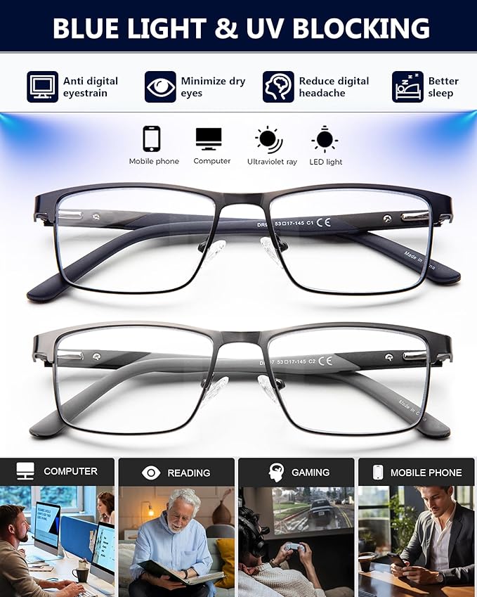 EVANLCAP 2 Pack Progressive Multifocus Reading Glasse for Men,Blue Light Blocking Computer Readers Multifocal Eyeglasses