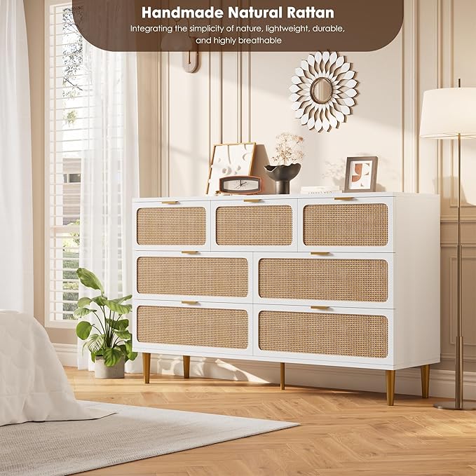 Garvee Rattan Dresser with 7 Drawers, Tall Modern Closet with Deep Storage, Large Chest of Drawers with Wide Top, Long Wooden Dresser for Bedroom, Living Room, Hallway, Kids Room, White
