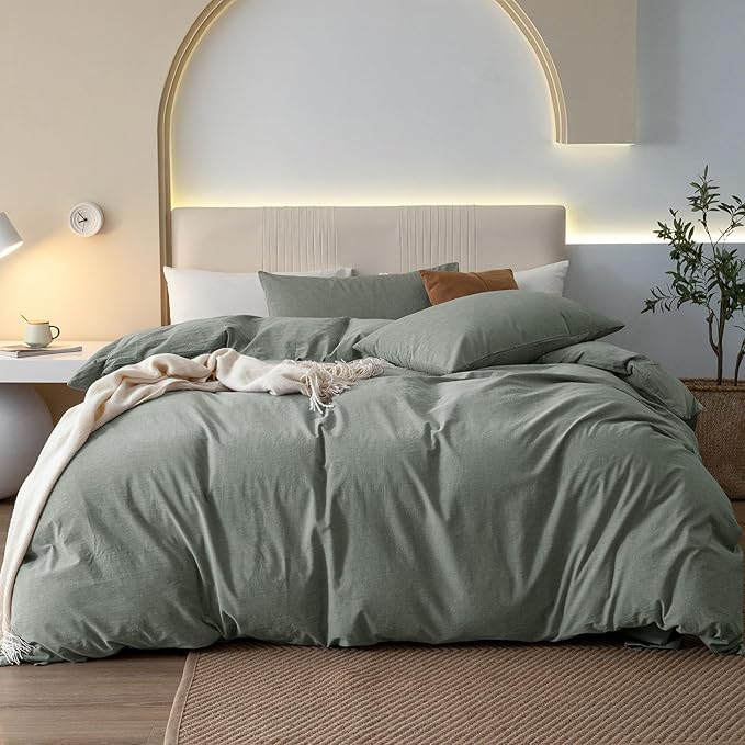 JIYUAN 100% Washed Cotton Duvet Cover Set 3 Pieces Full, 1 Duvet Cover 80x90 Inches(Comforter Not Included) and 2 Pillowcases,Linen Feel Bedding Set Comfy and Breathable, Heathered Green