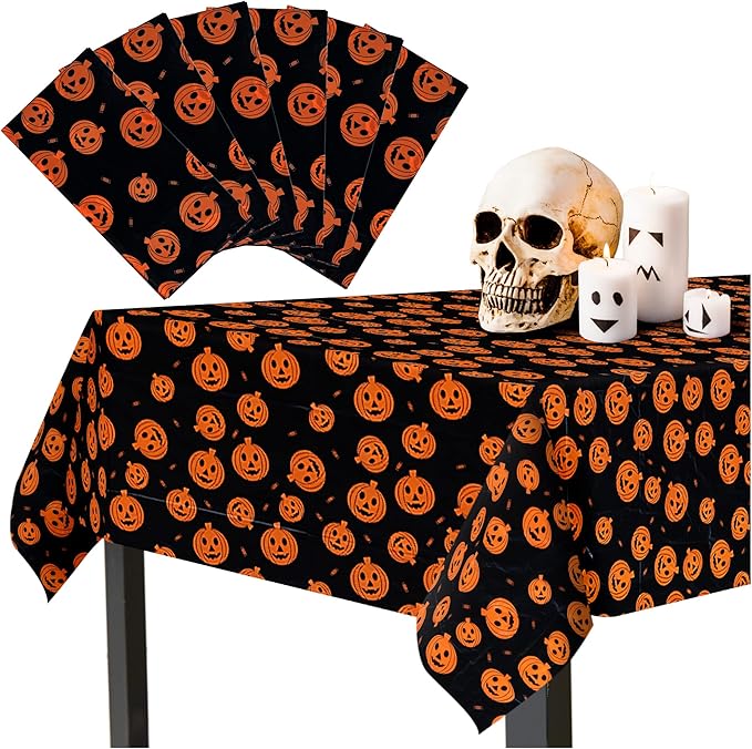 Halloween Tablecloth, 6-Pack Disposable Table Cloths, Pumpkins Plastic Covers, 54 x 108 Inches, Party Decorations
