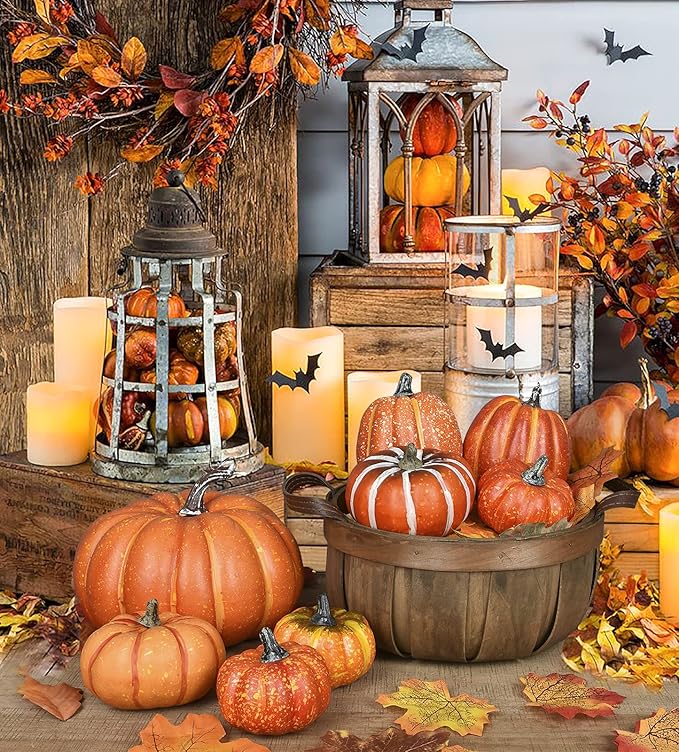 DearHouse 8Pcs Thanksgiving Artificial Pumpkins Home Decoration Sets and 50PCS Maple Leaves, Artificial Vegetables Pumpkins for Fall Harvest Decoration