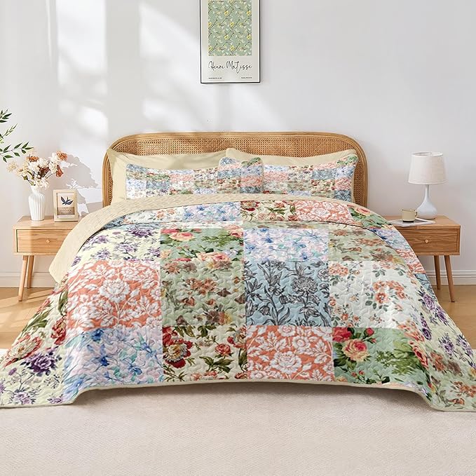 Quilt Set Twin Size, Vintage Patchwork Floral 2 Pcs Soft Bed Cover Bedding Set, Boho Mid Century Lightweight Bedspread Coverlet with Pillow Sham for All Season