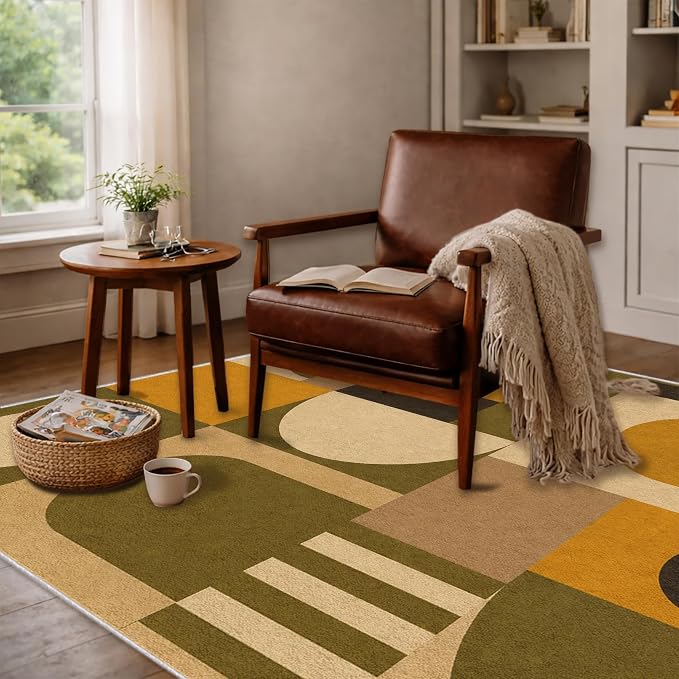Olive Bauhaus Area Rug 8x10, Mid Century Modern Geometric Rug, Mustard Green Abstract Color Block Washable Low Pile Non Slip Rug for Living Room Bedroom