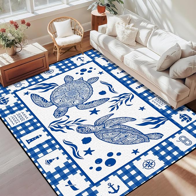 Sea Turtle Rug Coastal Ocean Print Floor Mat Blue and White Plaid Area Rug for Bedroom Living Room Nursery Kitchen Playroom Home Decor Non-Slip Washable Carpet,6'x9'