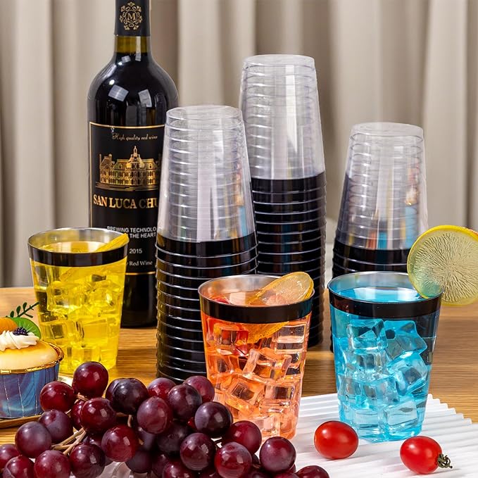 DaYammi 100 Pack Black Plastic Cups 10Oz Clear Disposable Cups with Black Rim, Clear Cocktail Cup Heavy Duty Disposable Wine Glasses Disposable Fancy Plastic Cups for New Year Party