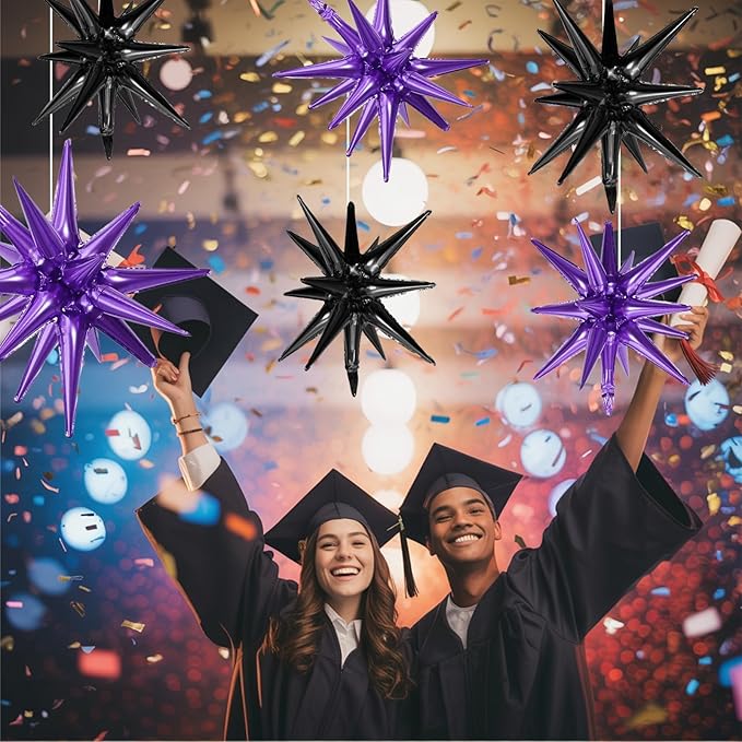 Black Purple Star Balloons,9Pcs 22Inch Black Purple Explosion Spike Cone Helium Polyester Film Star Foil Balloons for Birthday Halloween Anniversary Baby Shower Party Decorations