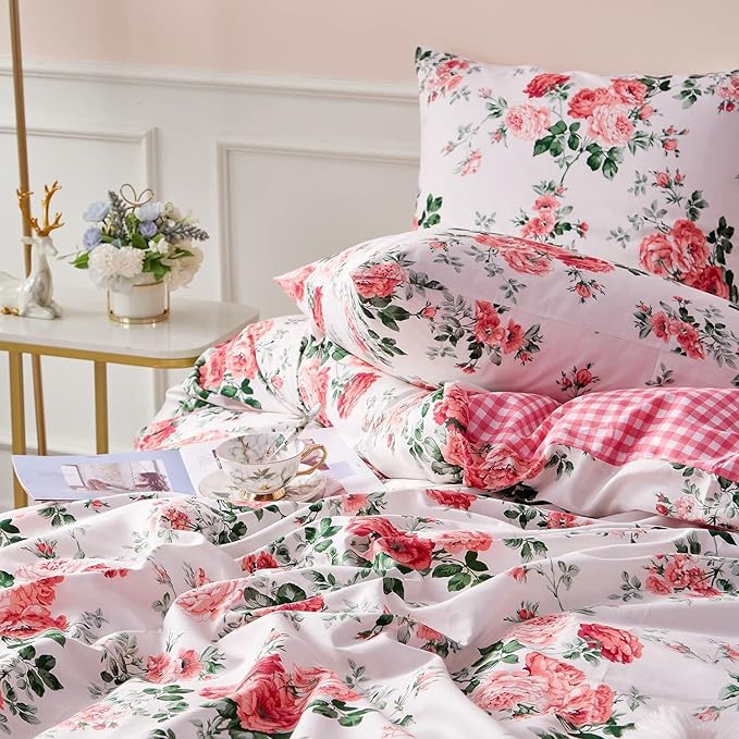 Rose Flower Duvet Cover Full Size Pink Floral Plaid Grid Duvet Cover 100% Microfiber Girls Flower Comforter Cover with Zipper Closure Vintage Country Bedding Botanical Floral Comforter Cover Full