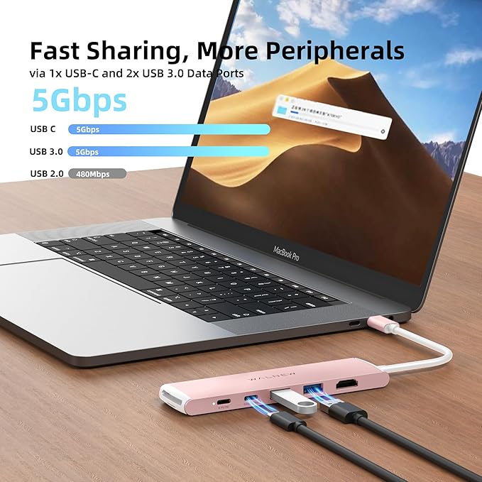 WALNEW 7 in 1 USB-C Hub with 4K HDMI,100W PD,5Gbps Data Port(1 Type-C & 2 USB 3.0),SD/TF Reader, Thunderbolt 4 Dock Multiport Adapter for MacBook Pro Air,Mac,iPad 10/Mini 6,Surface (Pink)