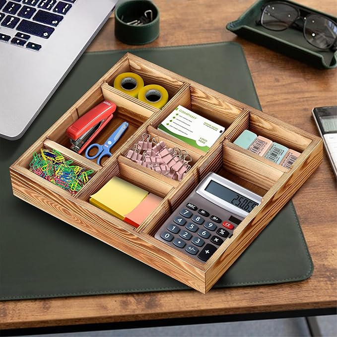 TEESSFROOD Desk Drawer Organizer Tray with 9 Adjustable Compartments, Wooden Office Desk Accessories Supplies Organization Storage for Desktop Bathroom Vanity Makeup 12" x 9" (Brown)