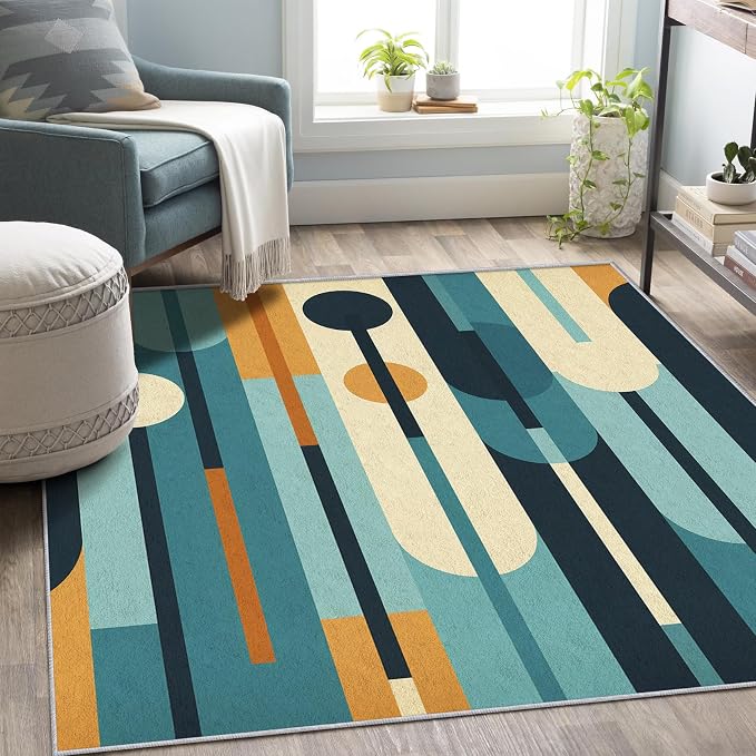Mid Century Rug 3x5, Washable Modern Geometric Rugs for Living Room Bedroom, Abstract Mid-Century Area Rug for Home Decor, Non Slip Backing Floor Carpet - 3 x 5 ft