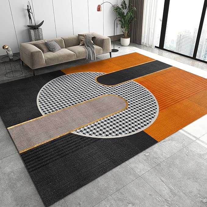 Luxury Orange Black Geometry Area Rug, Modern Style Non Slip Decorative Rugs, Breathable Durable Carpet for Indoor Bedroom Living Room Sofa Office Floor Rug - 6 ft x 8 ft