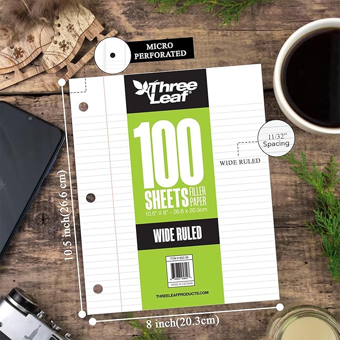 Three Leaf 100 Sheets Wide Ruled Filler Paper, 2880 Ct. (80 Cases X 36 Filler Paper), Loose-Leaf Sheets For School And Office 100 Ct. Filler Paper, Notebook Paper