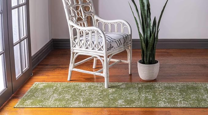 Unique Loom Bromley Collection Area Rug - Wells (2' x 13' 1" Runner, Green/ Ivory)
